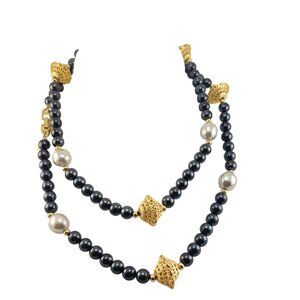 Vintage 1970s Napier Black Faux Tahitian & Grey Faux Baroque Pearls with Detaile